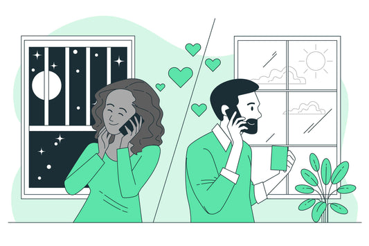 An illustration captures a couple connected by phone across time zones—her night, his day—symbolizing the closeness technology like remote control vibrators can bridge in long-distance relationships.