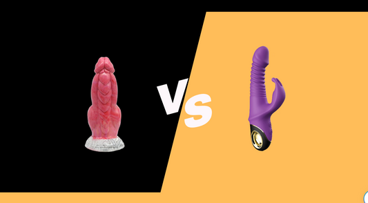 A contrasting image showcasing two popular adult toys: on the left, a realistic pink dildo with intricate details, and on the right, a modern purple vibrator with a curved design and silver accents.