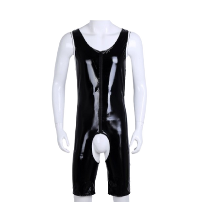Black Latex Open Crotch Bodysuit for Men - Fetish Costume - Underwear that fits tight in glossy patent leather, light, soft, warm, comfortable fit and showing the curves of the body very well. Sleeveless and with an "O" neckline in the underwear, front zip closure. Hand washable.