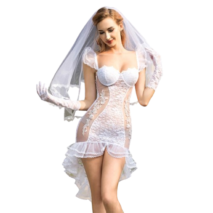 Erotic Wedding Dress - Say 'I Do' to Seduction - Crafted from alluring lace, this transparent dress is embroidered with desire. It includes the enticing dress itself, matching panties, a bride's veil and gloves that complete your seductive ensemble.