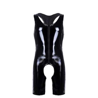 Black Latex Open Crotch Bodysuit for Men - Fetish Costume - Underwear that fits tight in glossy patent leather, light, soft, warm, comfortable fit and showing the curves of the body very well. Sleeveless and with an "O" neckline in the underwear, front zip closure. Hand washable.