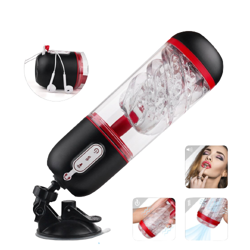 Masturbator with Sex Voices - The maximum of male pleasure enclosed in this sex toy. Have fun trying all its many features: 9 different vibrations, 3 types of suck and release, and 3 voices of different nationalities that will keep you company with their orgasms. Thanks to its support it is easily adjustable and very comfortable.