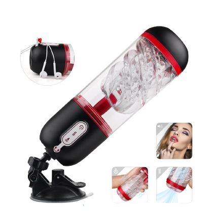 Masturbator with Sex Voices - The maximum of male pleasure enclosed in this sex toy. Have fun trying all its many features: 9 different vibrations, 3 types of suck and release, and 3 voices of different nationalities that will keep you company with their orgasms. Thanks to its support it is easily adjustable and very comfortable.