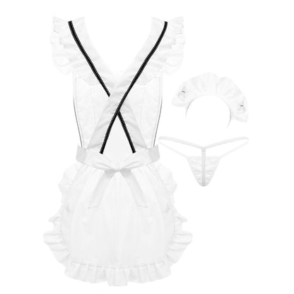 Sexy Maid Uniform Costume - This costume includes a high-quality polyester dress with a charming apron, a playful hair hoop, and G-string briefs. Designed for mischief and seduction, it's perfect for parties or intimate evenings with your partner. Discreet packaging included. Transform ordinary moments into extraordinary memories.