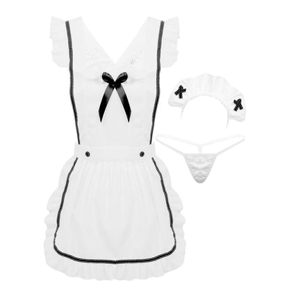 Sexy Maid Uniform Costume - This costume includes a high-quality polyester dress with a charming apron, a playful hair hoop, and G-string briefs. Designed for mischief and seduction, it's perfect for parties or intimate evenings with your partner. Discreet packaging included. Transform ordinary moments into extraordinary memories.