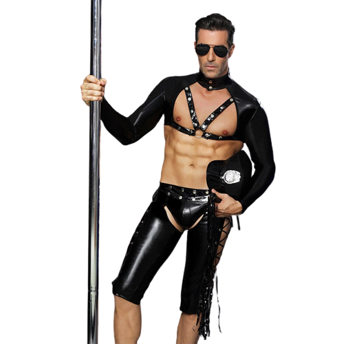 Mysterious Policeman - Sexy Costume for Men - This sexy and enigmatic outfit will have you looking dangerously irresistible. Perfect for adding a touch of intrigue to your playtime. Package includes Top, Pants, Hat, and Glasses. Crafted from high-quality Polyester and PU Leather for a sleek and mysterious look.