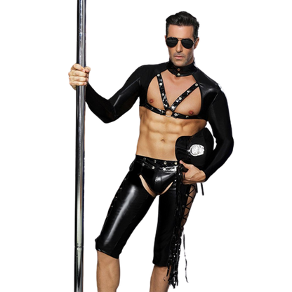 Mysterious Policeman - Sexy Costume for Men - This sexy and enigmatic outfit will have you looking dangerously irresistible. Perfect for adding a touch of intrigue to your playtime. Package includes Top, Pants, Hat, and Glasses. Crafted from high-quality Polyester and PU Leather for a sleek and mysterious look.