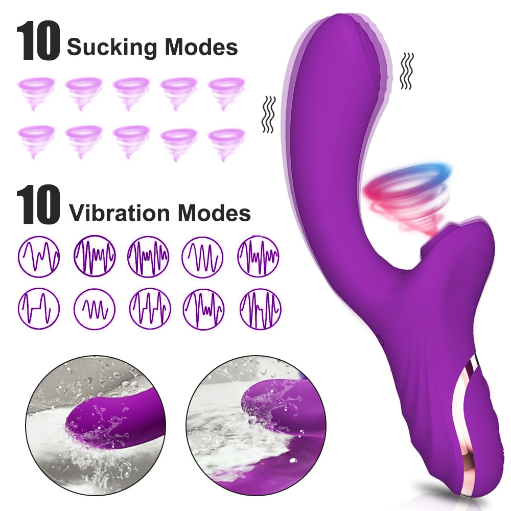 Suck & Fuck Vibrator is equipped with 2 powerful motors, provides 10 sucking modes and 10 vibration modes, with multiple intensities and vibration frequencies, each mode can bring you unimaginable pleasure! (Vibration and suction functions can be used at the same time).  Plus with the massage circles on the top of the vibrator, it can provide more fun. The clitoral sucker kisses your clitoris, testicles, nipples, earlobes, breasts, anus and all other sensitive spots, just like a lover's kiss and lick.