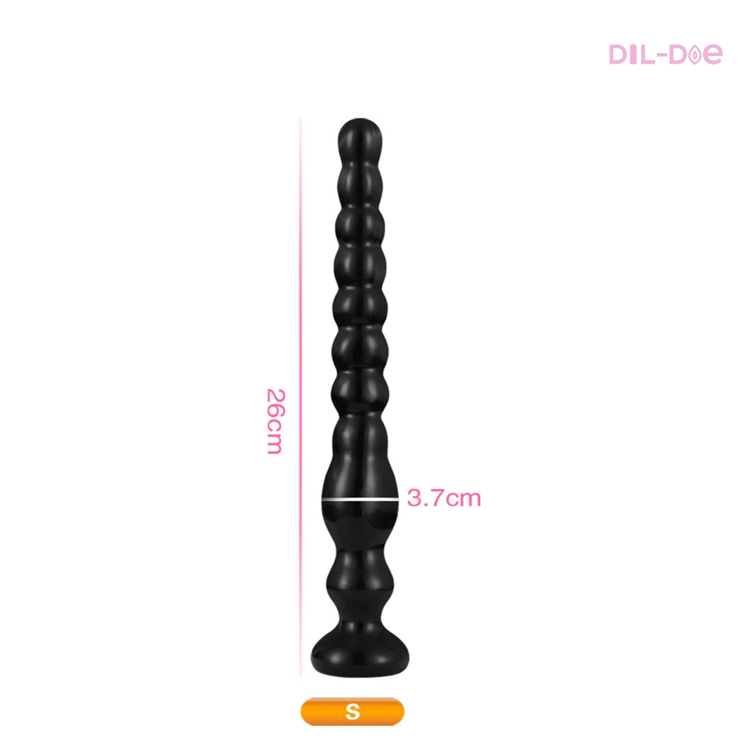 Soft, durable, strong suction cup, long and foldable. This anal plug will be able to stimulate you different sensations thanks to its particular shape, surely becoming a gem in your personal collection.  DISCREET PACKAGING  Measures S: 10.2" * 1.4" * 0.8" (26cm * 3.7cm * 2cm) Measures L: 13" * 2" * 1" (33cm * 5cm * 2.6cm) Material: PVC Suction Cup: Yes Waterproof: Yes Color: Black Weight: 15.9oz (450g)