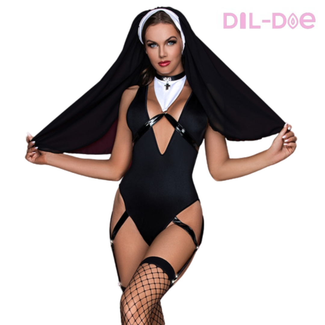 Women's Sexy Nun Bodysuit - This alluring costume includes a bodysuit, nun veil, and stockings made from enticing polyester and cotton. Perfect for embracing your inner temptress and adding a touch of sanctified allure!