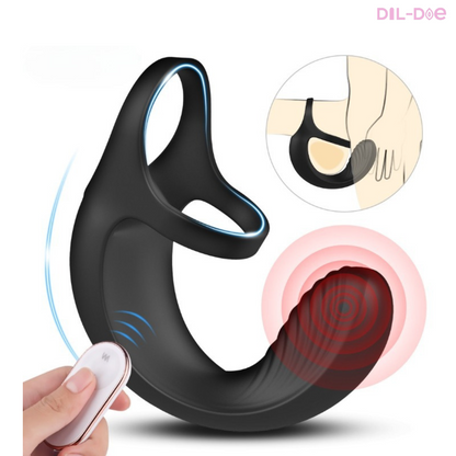 A complete sex toy for men, full of features that put man's sensitive points at the center of attention. A prostate and testicular massage with a vibrating ring, the ultimate in pleasure.  DISCREET PACKAGING  Material: Silicone Certification: CE 9 Vibration Modes Remote Control Distance: 16-33ft (5-10m) Low Noise: <40dB Measures: Shown in the Second Picture. USB Charging Waterproof: Yes