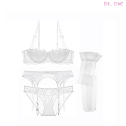 This sexy lingerie is made with sexy floral lace and its cotton is soft and breathable, easy to adjust and wear.  DISCREET PACKAGING  Package Includes: Bra, Garters, Panties & Stockings Bra Style: Push Up Adjusted-straps Materials: Cotton & Acrylic Decoration: Lace Back Closure
