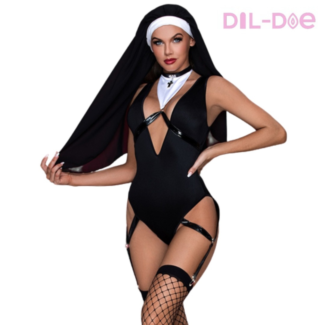 Women's Sexy Nun Bodysuit - This alluring costume includes a bodysuit, nun veil, and stockings made from enticing polyester and cotton. Perfect for embracing your inner temptress and adding a touch of sanctified allure!