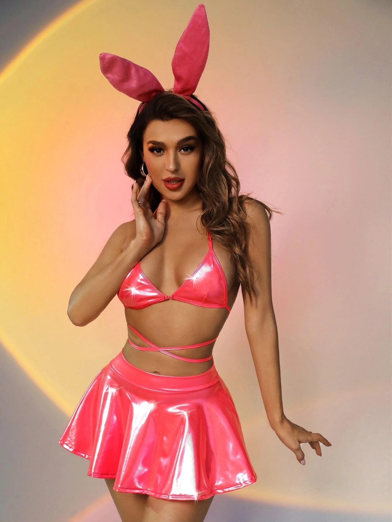 Sexy Bunny Cosplay Costume - This costume includes a pink, stretchy, and comfortable outfit, featuring a charming bunny ear headband. Perfect for playful and seductive moments, whether at parties or for intimate evenings with your partner. Hand wash for easy care. Discreet packaging included. Add excitement to your life with this enchanting bunny costume.