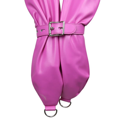 Submissive Straitjacket - BDSM Bondage Bodysuit for Submission - Buckling collar with D-ring on the front, and 3 buckles back closure. The additionale buckling single strap can be used to bind the hands together. The vertically and horizontally adjustable chest straps have two buckles fastening and a D-ring decoration.