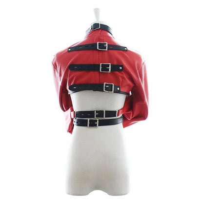 If you like to play to take control, have a spicier and transgressive relationship, use this Submissive Straitjacket and have all your orders obeyed.  DESCRIPTION Buckling collar with D-ring on the front, and 3 buckles back closure. The additionable buckling single strap can be used to bind the hands together. The vertically and horizontally adjustable chest straps have two buckles fanstening and a D-ring decoration.